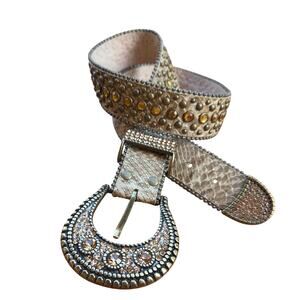 Chico’s Snake Print Leather Belt Small Rhinestone Western Glam Rodeo Y2K Boho